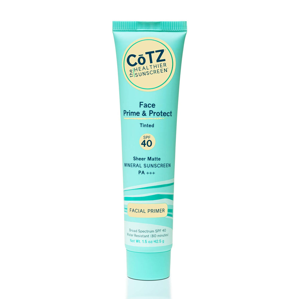 CoTZ Face Prime & Protect tinted sunscreen bottle showing compact, matte finish