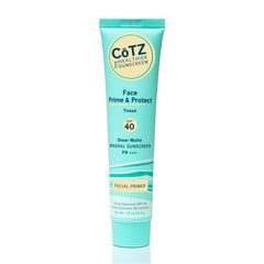 CoTZ Face Prime & Protect tinted sunscreen bottle showing compact, matte finish