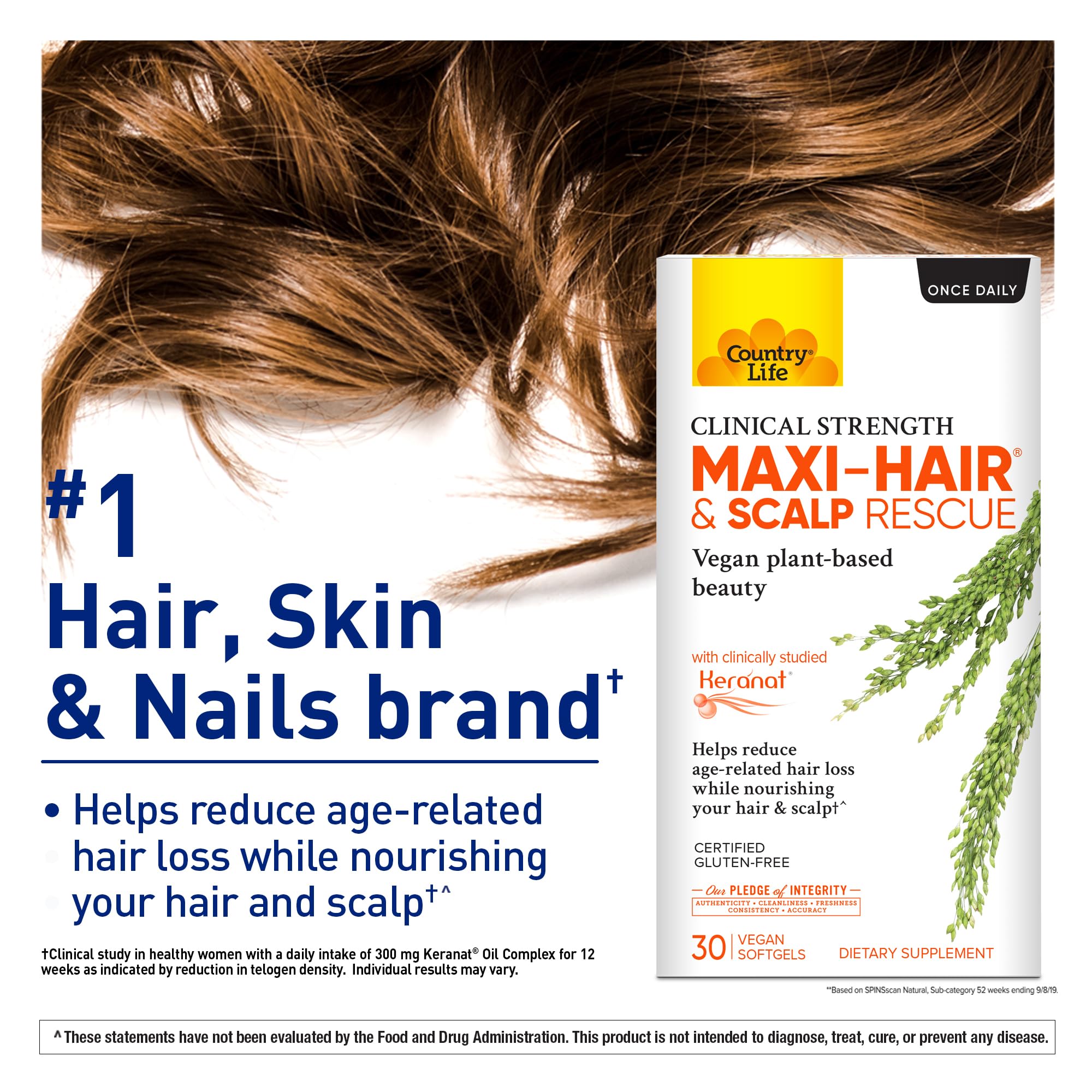 Country Life Maxi-Hair label highlights Keranat content for root-focused support.