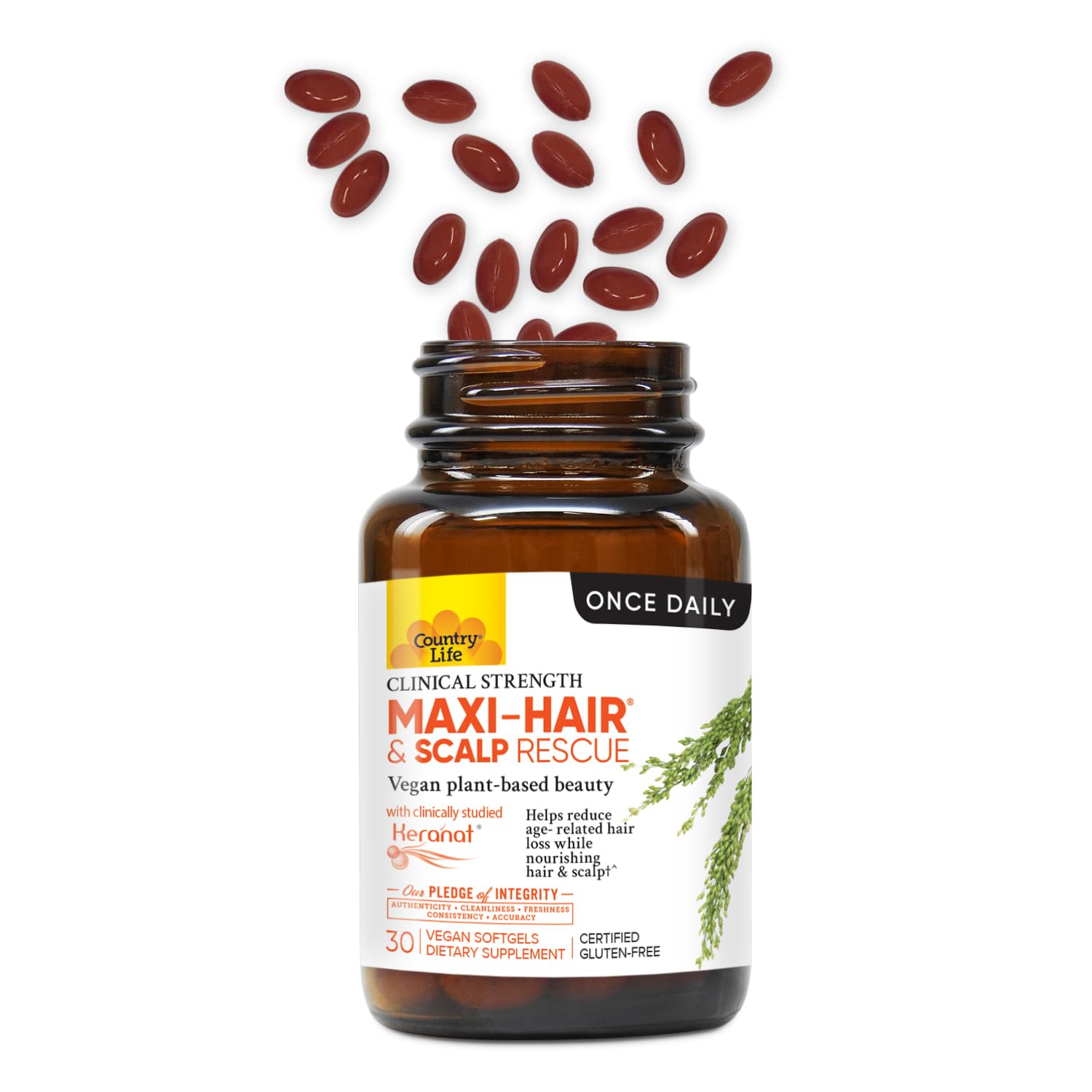 Country Life Maxi-Hair softgels close-up highlights vegan, gluten-free formula for a clean beauty routine.