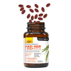 Country Life Maxi-Hair softgels close-up highlights vegan, gluten-free formula for a clean beauty routine.
