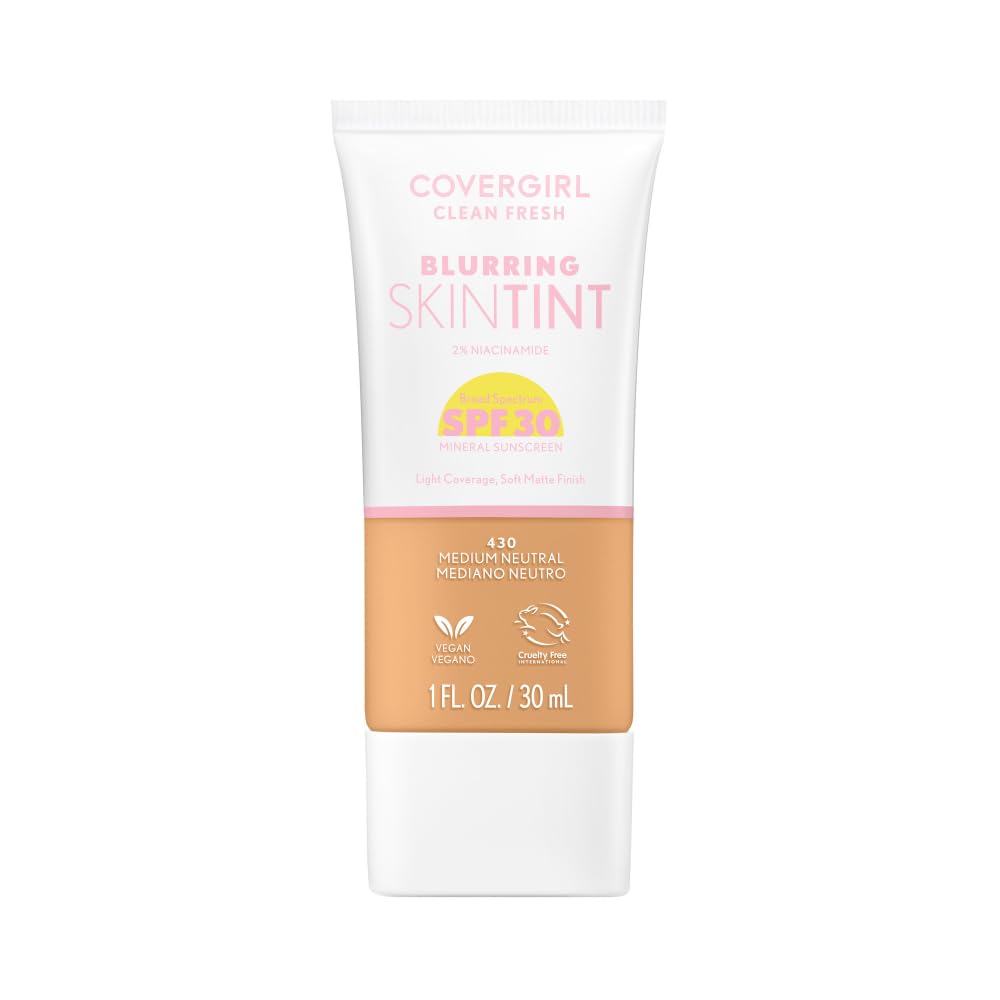 CoverGirl Clean Fresh Blurring Skin Tint bottle shows a weightless formula for a soft matte finish.