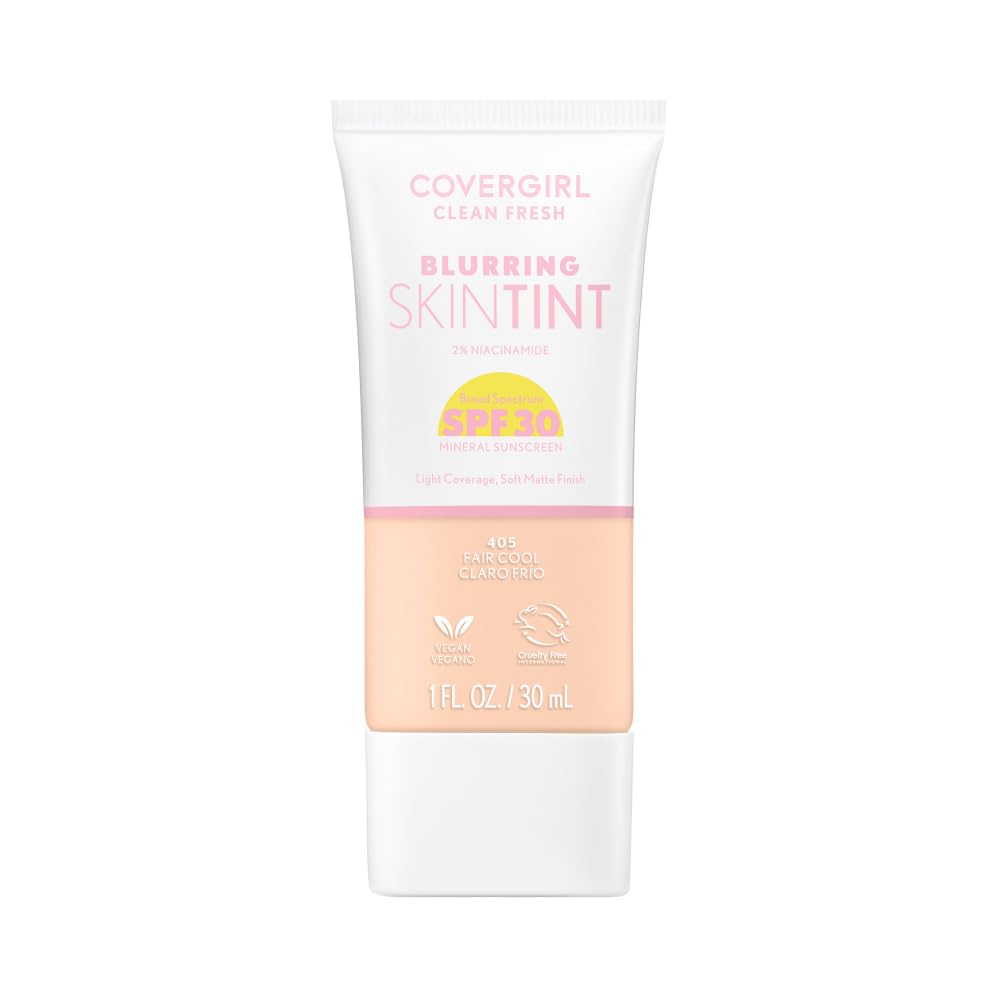COVERGIRL Clean Fresh Blurring Skin Tint bottle demonstrates weightless blur for smoother pores