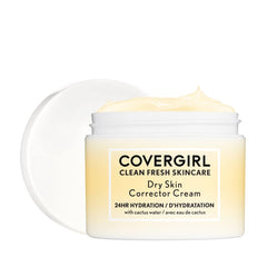 CoverGirl Clean Fresh Skincare Dry Skin Corrector Cream jar shows rich hydration for dry skin.