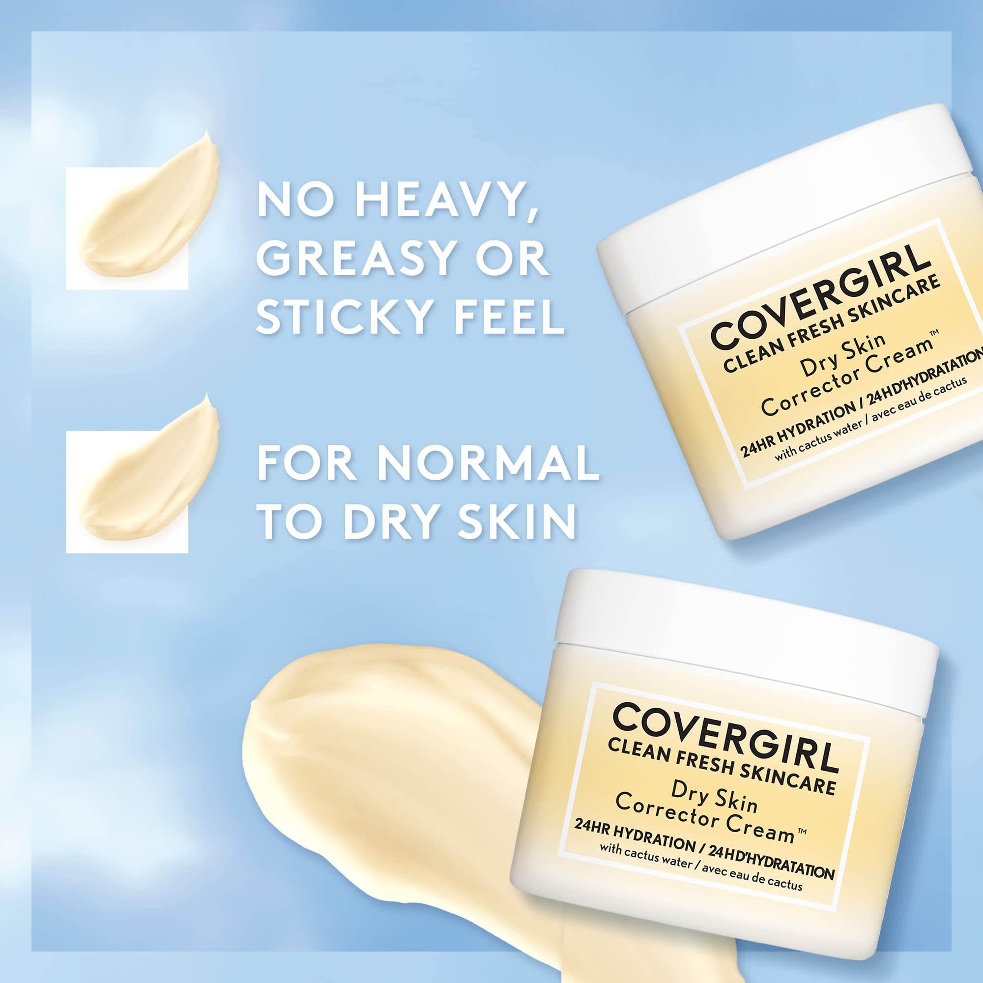 CoverGirl Clean Fresh Skincare Dry Skin Corrector Cream on cheek suggests smoother texture.