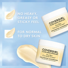 CoverGirl Clean Fresh Skincare Dry Skin Corrector Cream on cheek suggests smoother texture.