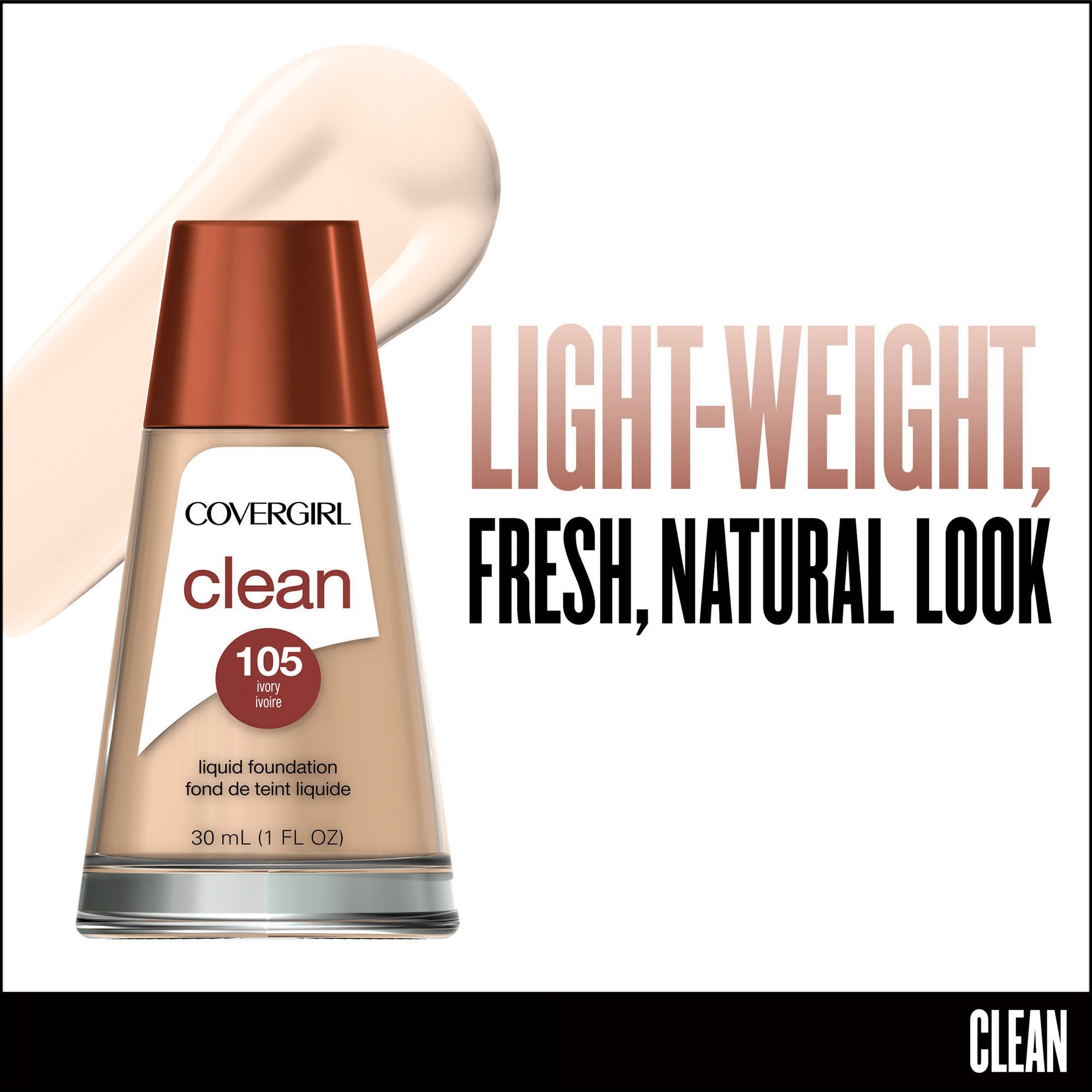 COVERGIRL Clean Makeup Ivory 105 swatch reveals natural, light coverage on skin