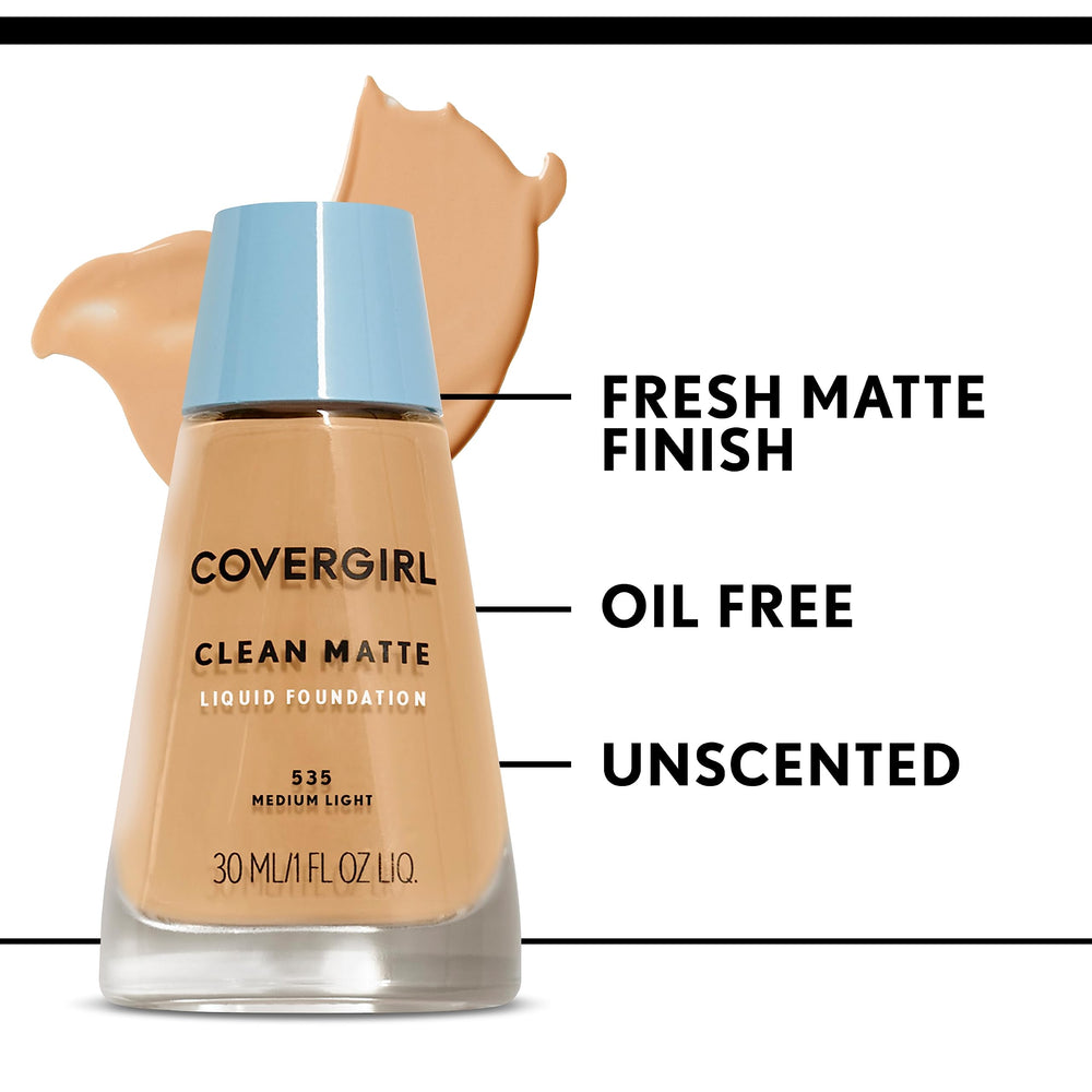 CoverGirl Clean Matte foundation close-up shows oil-absorbing finish.