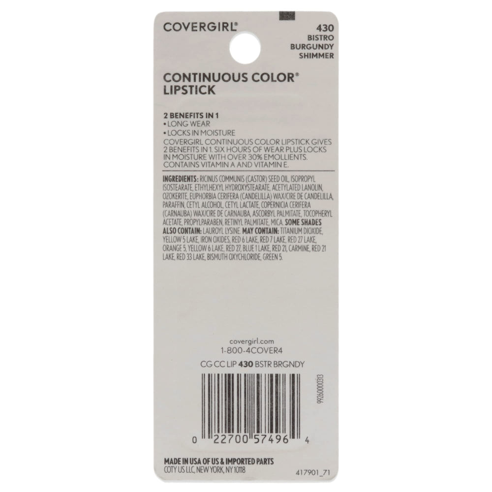 CoverGirl Continuous Color Lipstick 430 Bistro Burgundy application image highlighting smooth, buildable coverage.