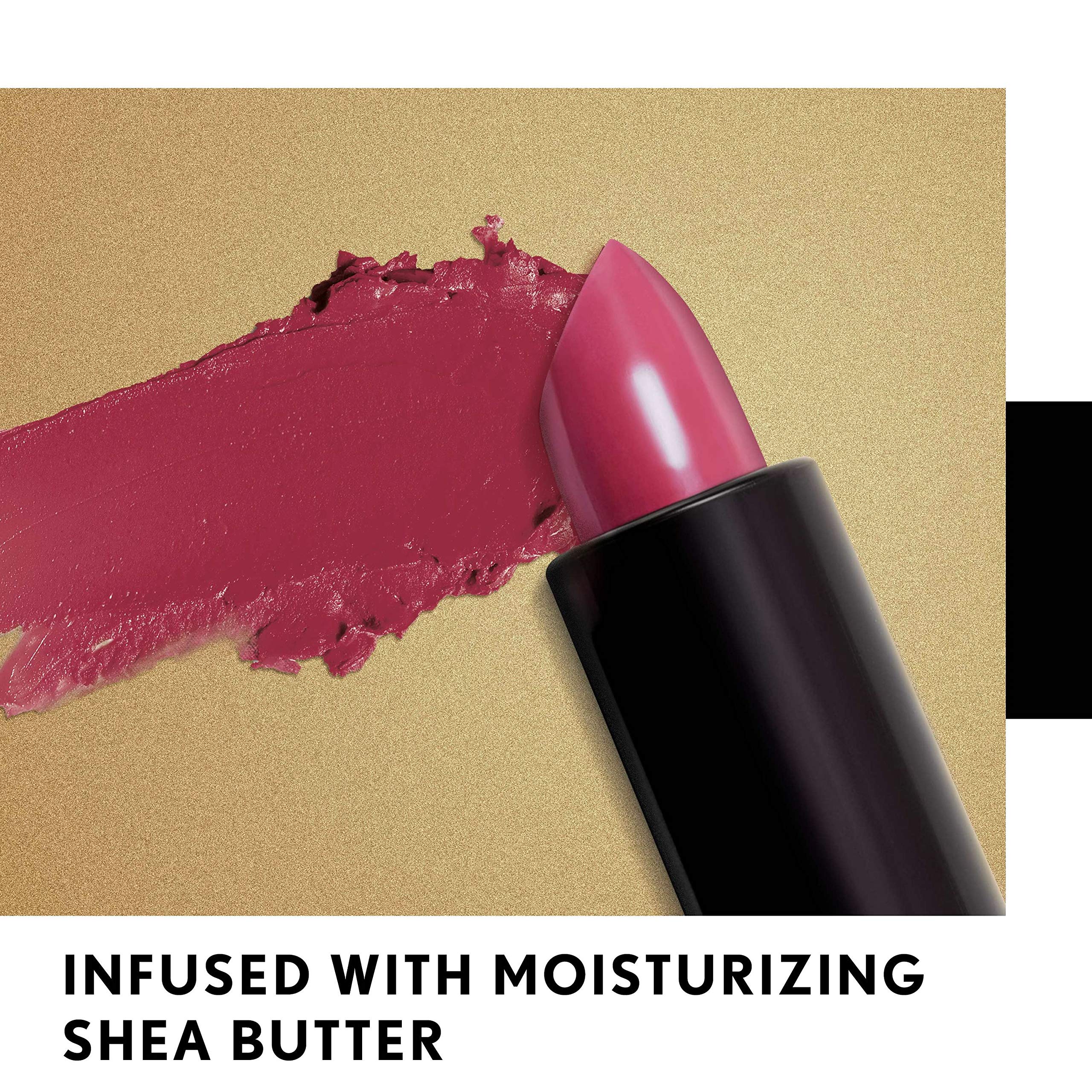 CoverGirl Exhibitionist Lipstick closeup focuses on vibrant Bombshell Pink 425 tone.