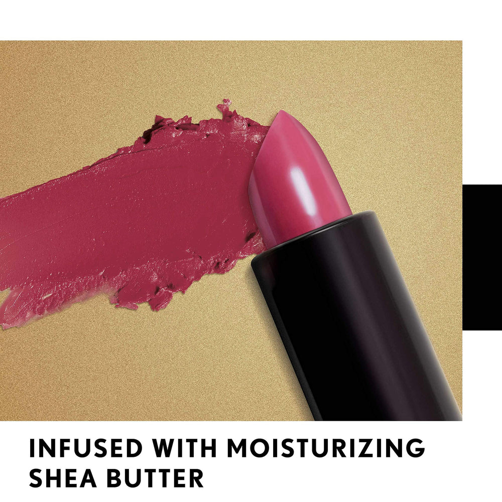 CoverGirl Exhibitionist Lipstick closeup focuses on vibrant Bombshell Pink 425 tone.