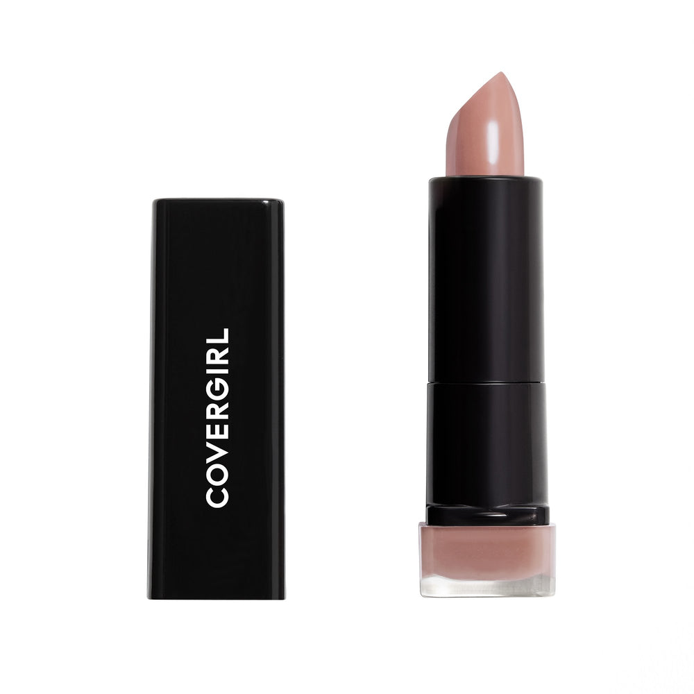 CoverGirl Exhibitionist Champagne 235 lipstick tube close-up showing rich pigment and creamy texture.