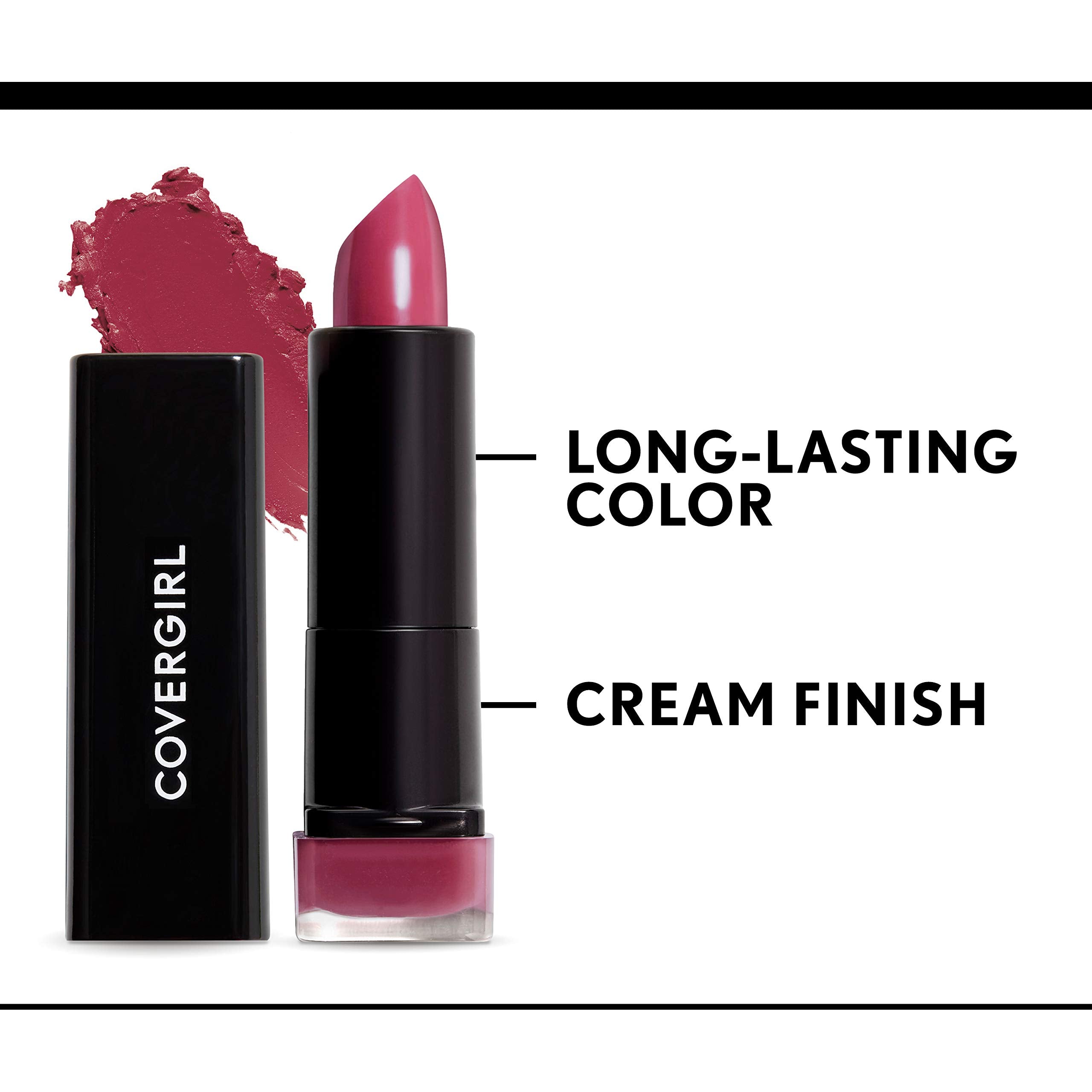 CoverGirl Exhibitionist Lipstick creamy-formula swatch highlighting smooth lips.