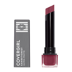 CoverGirl Exhibitionist Ultra Matte Lipstick High Roller packaging close-up showing premium matte finish