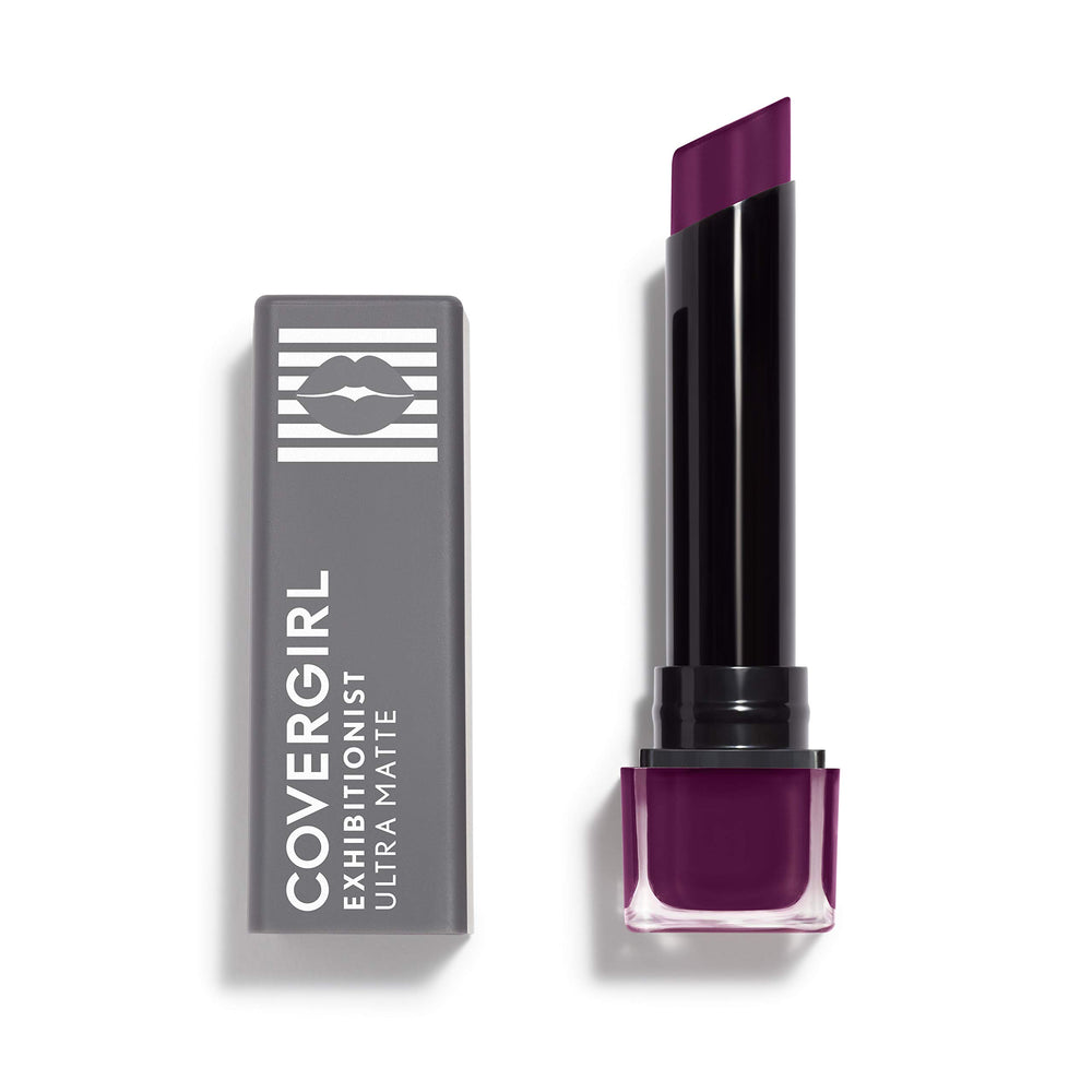 CoverGirl Exhibitionist lipstick packaging highlights transfer-proof, long-wear formula.