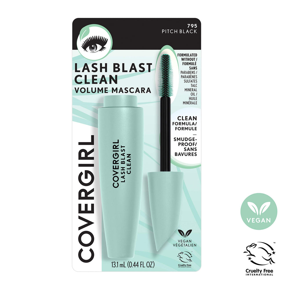 Graphic showing CoverGirl Lash Blast Clean Volume Mascara 10x volume vs bare lashes
