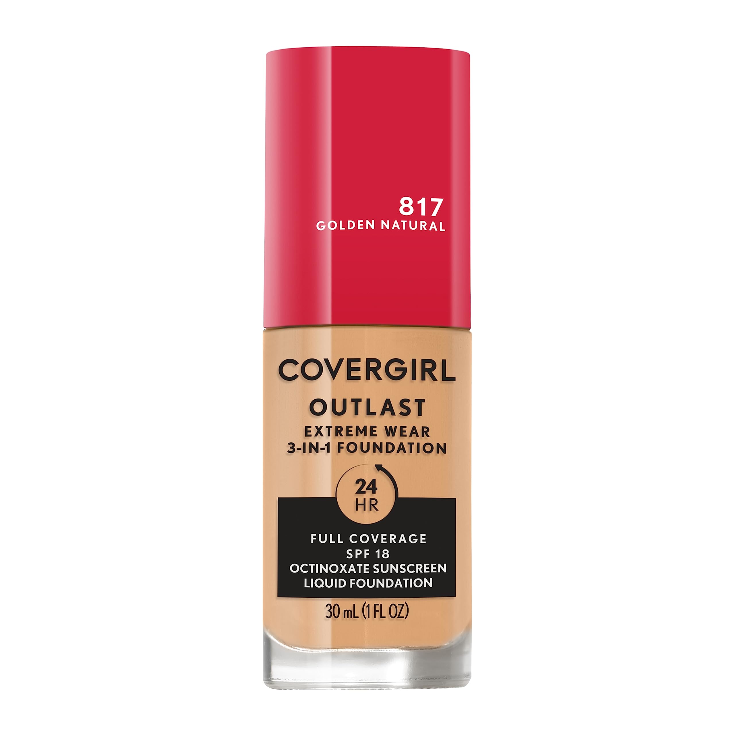 Covergirl Outlast Extreme Wear 3-in-1 foundation bottle shows lightweight, full-coverage finish.