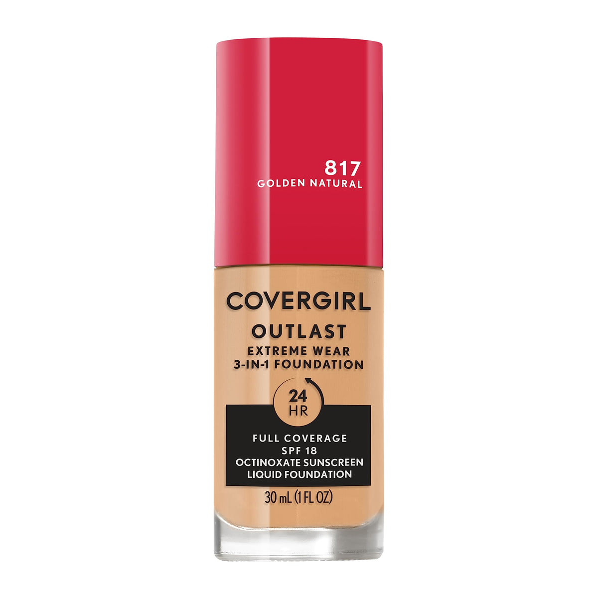 Covergirl Outlast Extreme Wear 3-in-1 foundation bottle shows lightweight, full-coverage finish.