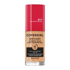 Covergirl Outlast Extreme Wear 3-in-1 foundation bottle shows lightweight, full-coverage finish.