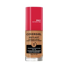 Covergirl Outlast Extreme Wear bottle closeup illustrates a lightweight foundation for smooth skin