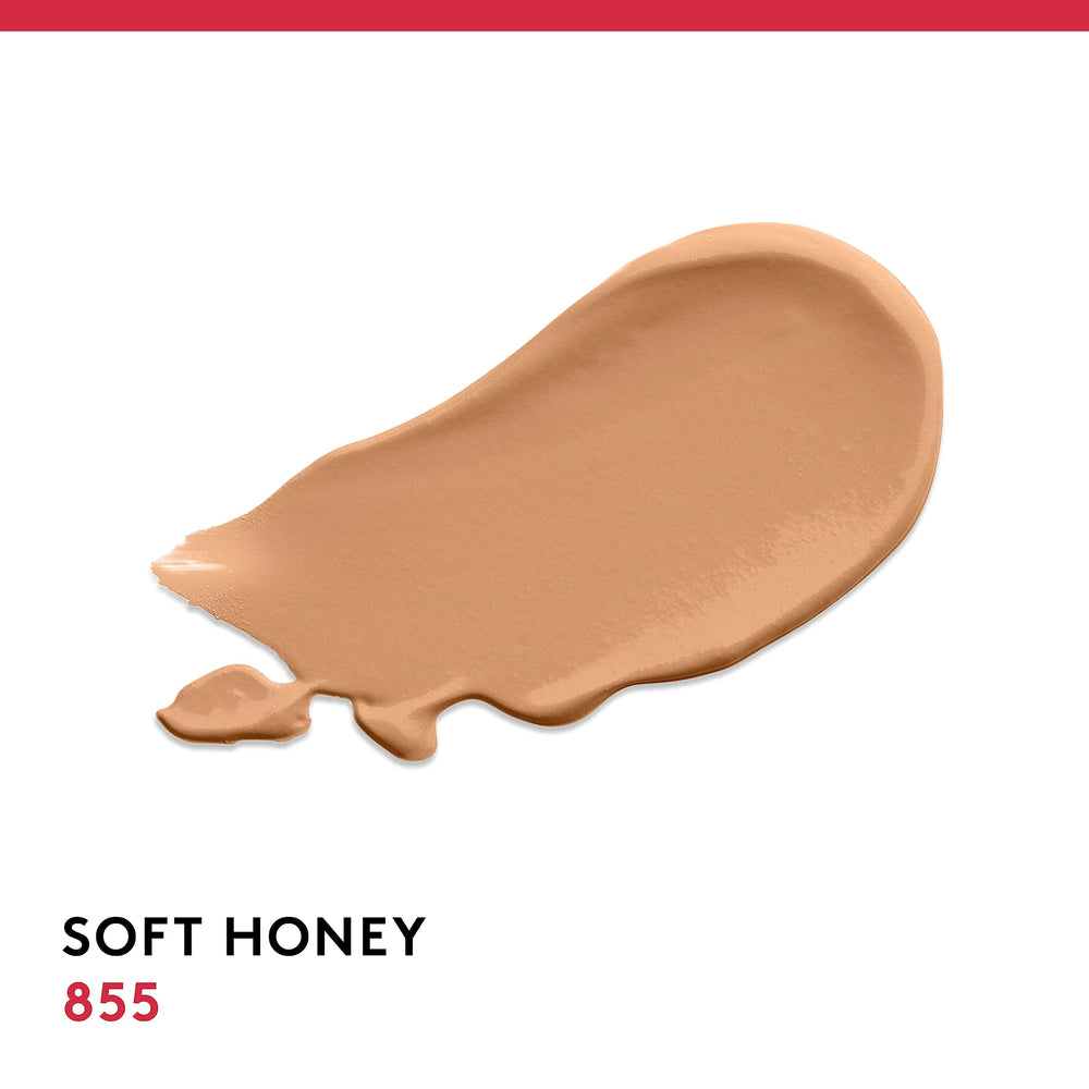 Soft Honey swatch shows the foundation’s natural full-coverage look.