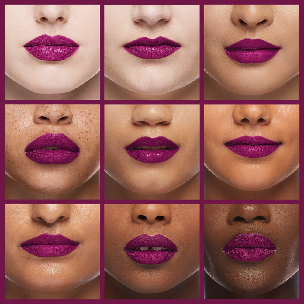 Lip swatch in Vino You Didn’t showing 24-hour comfortable wear and matte finish.
