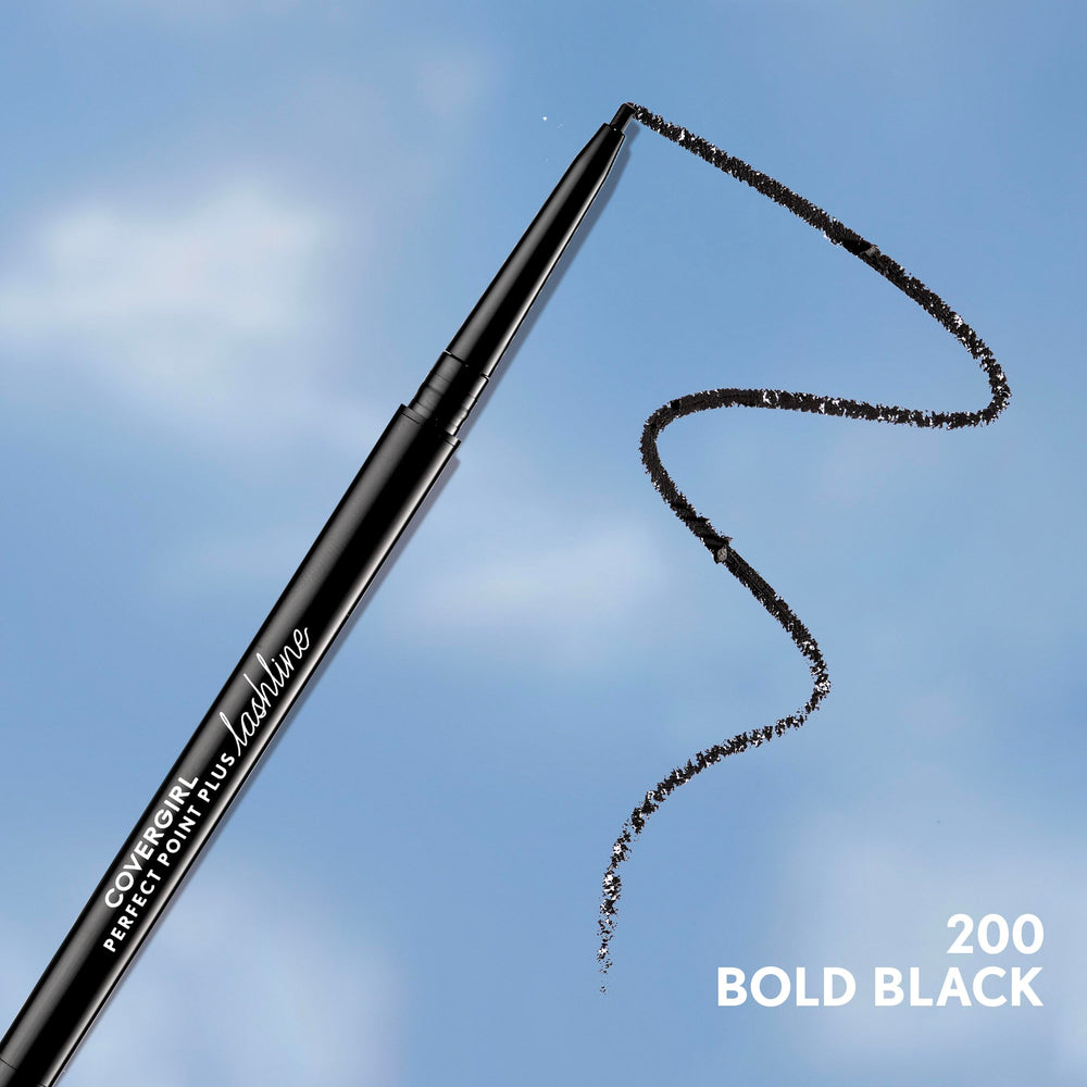 CoverGirl Perfect Point Plus Lashline in application demonstrates easy micro-tightlining for defined eyes.