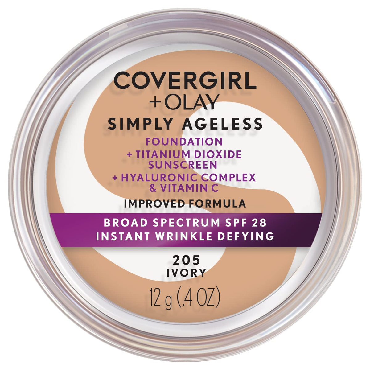COVERGIRL Simply Ageless foundation bottle close-up offering smoothing for fine lines with SPF 28.