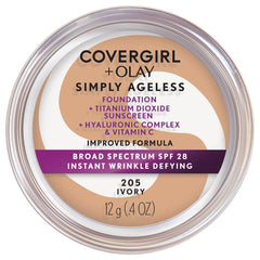 COVERGIRL Simply Ageless foundation bottle close-up offering smoothing for fine lines with SPF 28.