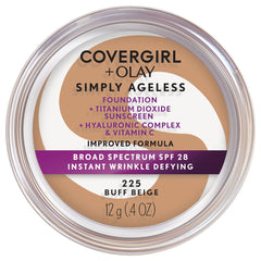 CoverGirl Simply Ageless foundation Buff Beige bottle shows hydration-focused formula