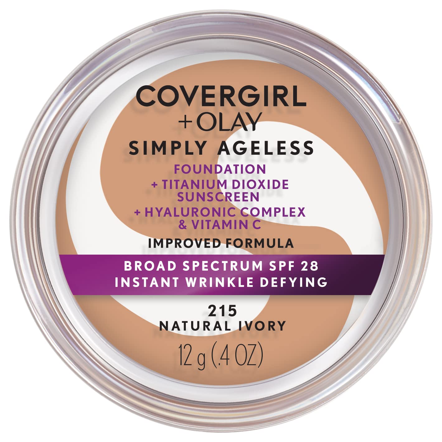 CoverGirl Simply Ageless foundation bottle close-up showing smooth texture and even tone.