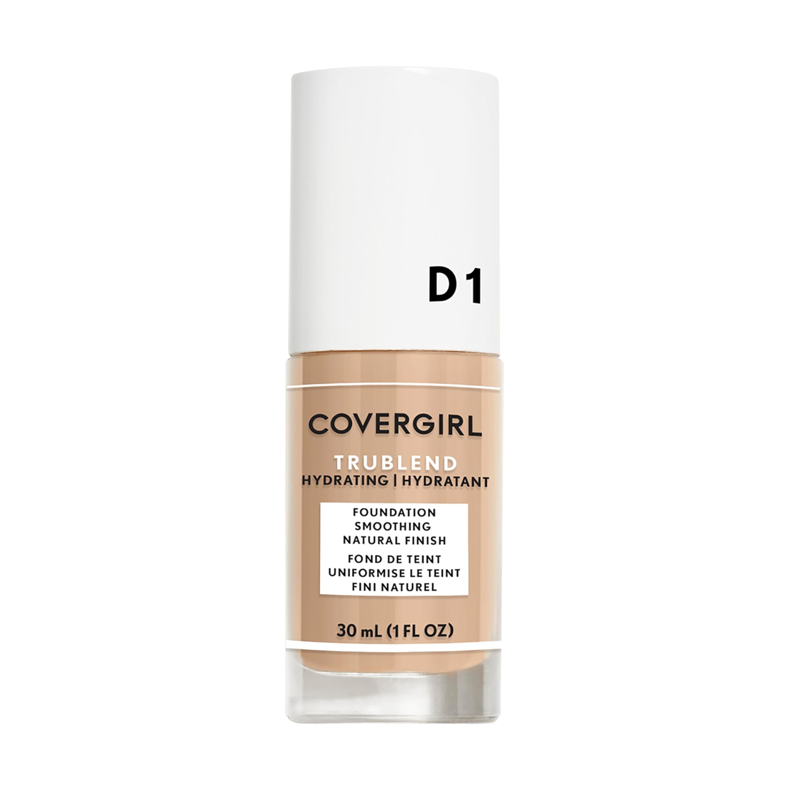CoverGirl truBLEND Liquid Foundation bottle close-up shows smooth application
