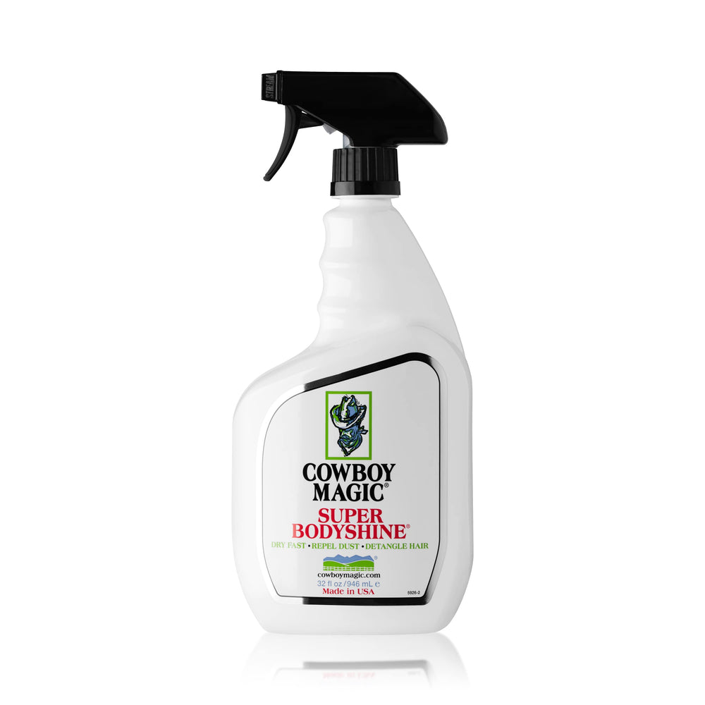 Cowboy Magic Super Body Shine bottle pour for quick grooming shine.