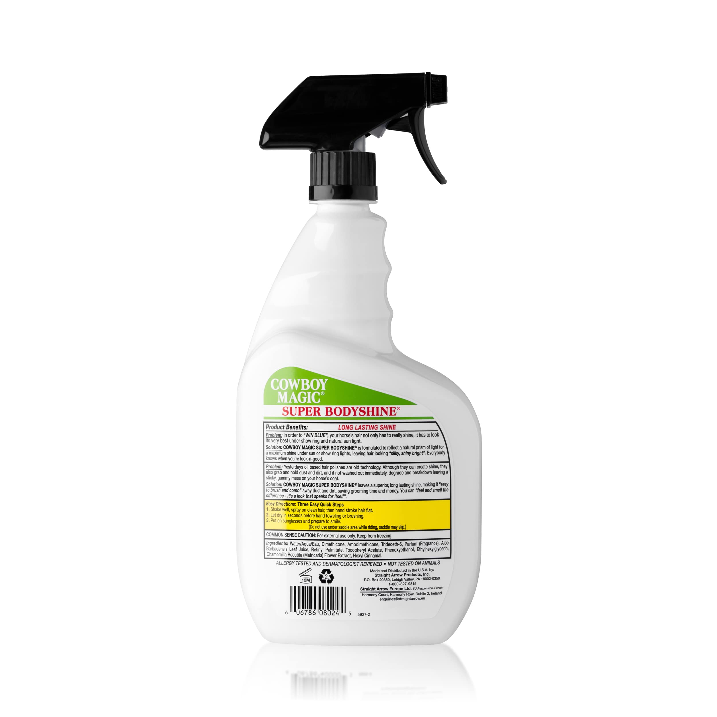 Cowboy Magic Super Body Shine spray application provides instant detangler and glow.