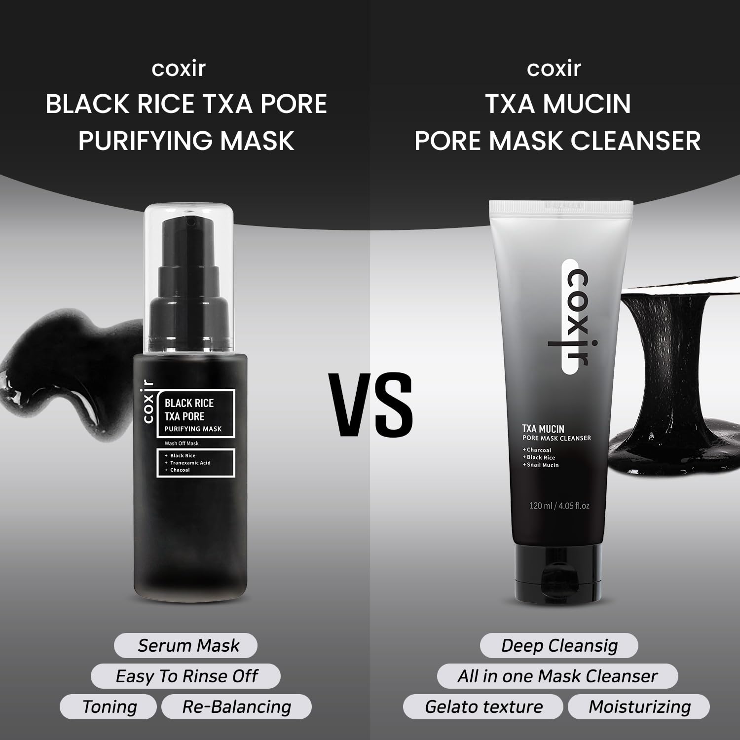 Coxir TXA Black Rice Pore Mask in a routine setup shows pore care step.
