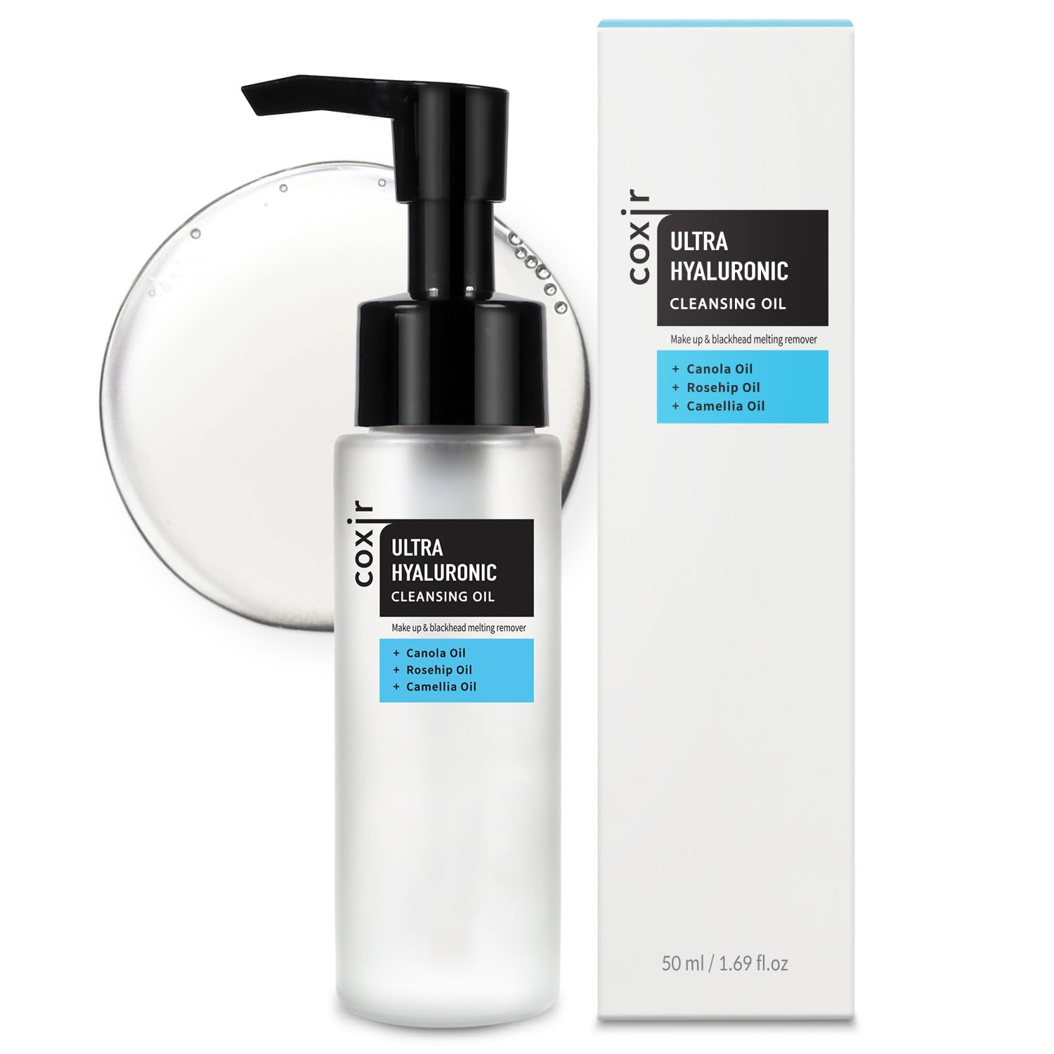 Coxir Ultra Hyaluronic Cleansing Oil bottle travel size for gentle makeup removal and hydration