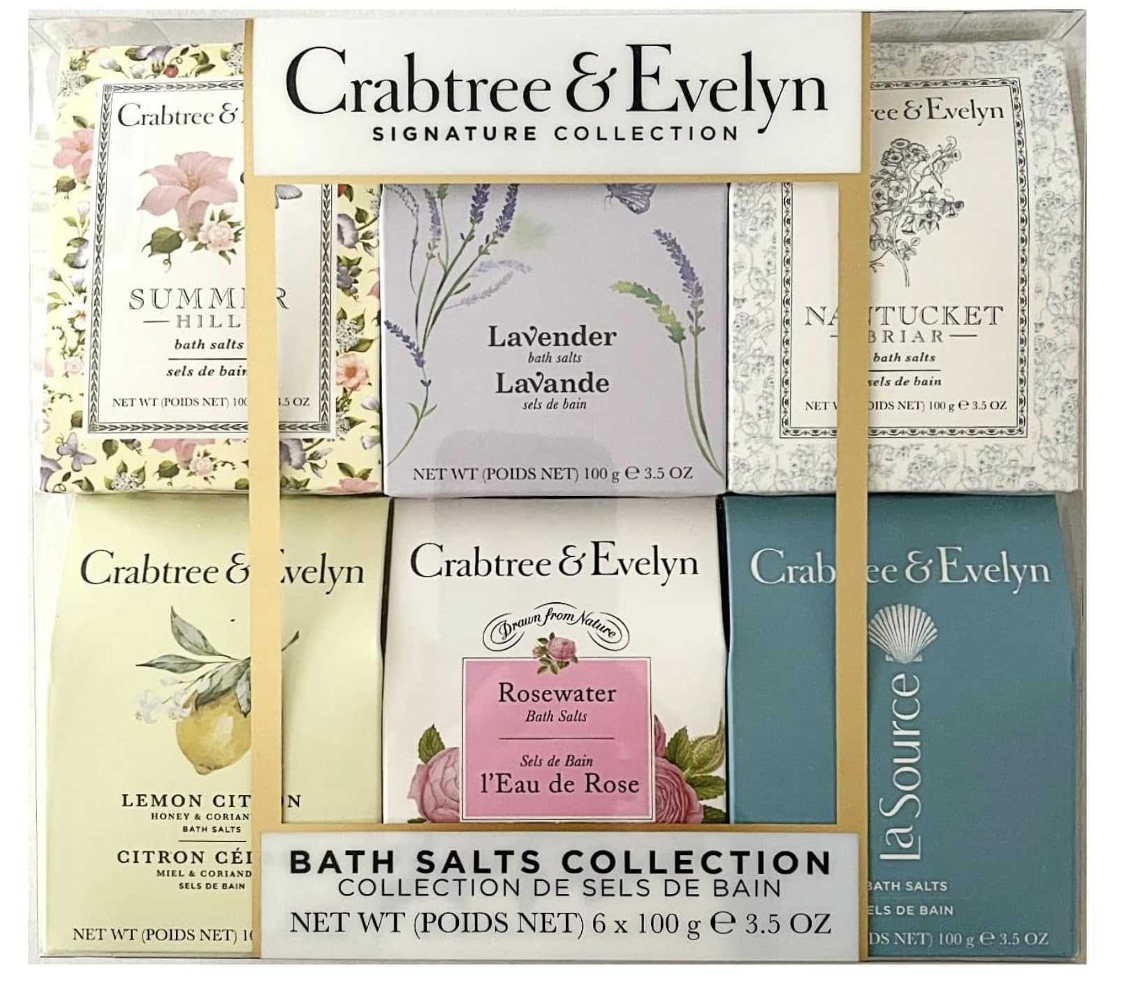 Crabtree and Evelyn bath sea salts variety-pack offers six scents for a soothing soak.