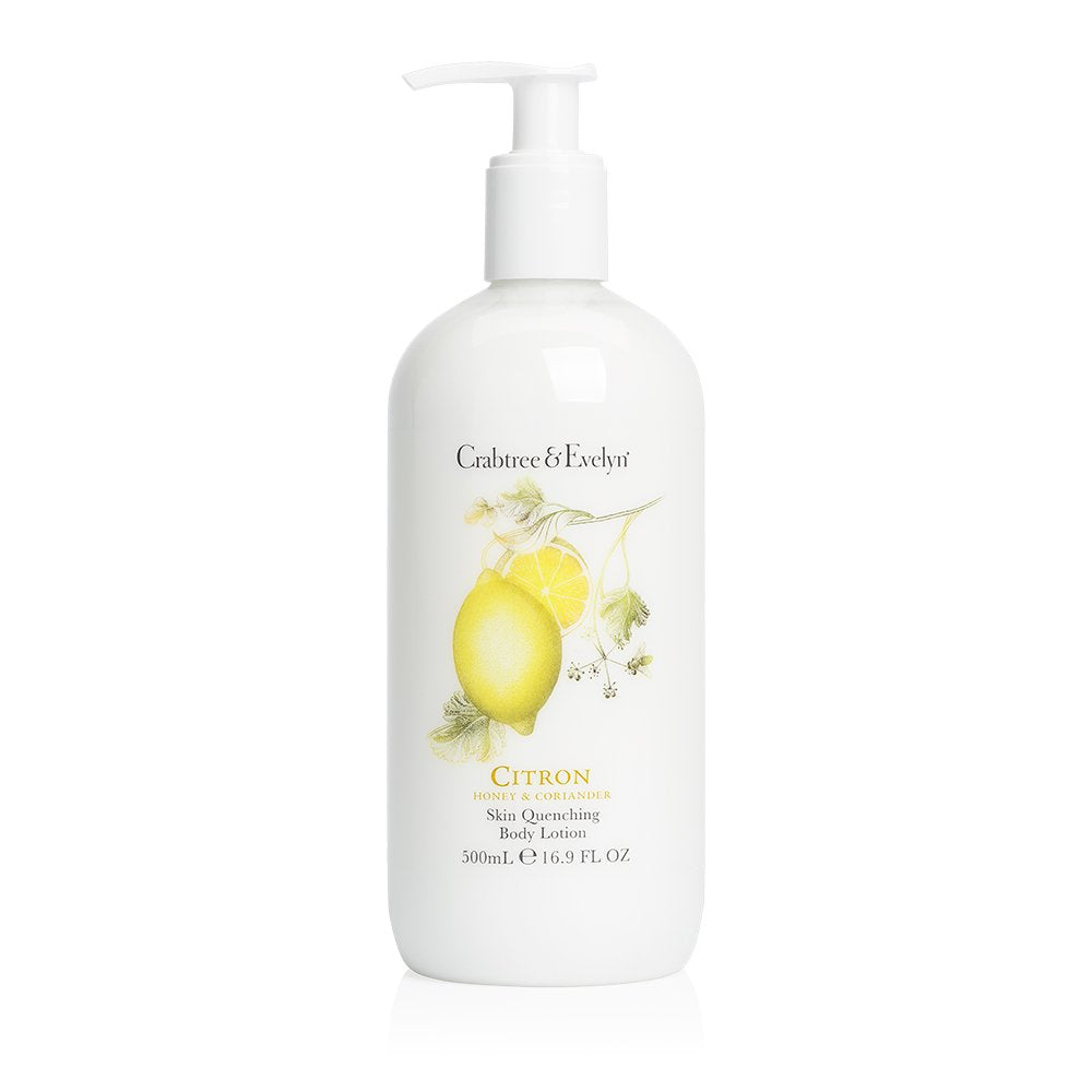 Crabtree & Evelyn Citron Honey & Coriander lotion bottle provides lightweight hydration and aroma.