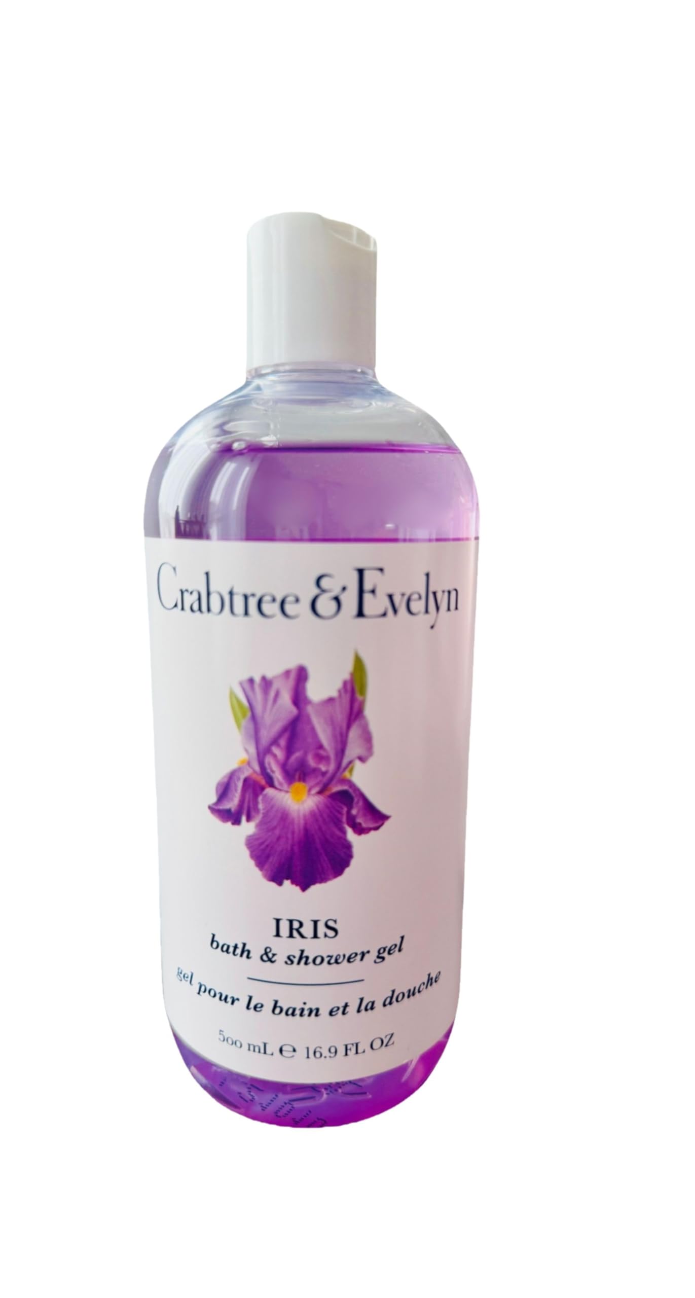 Crabtree & Evelyn Iris hand lotion bottle for hydrated skin after shower.