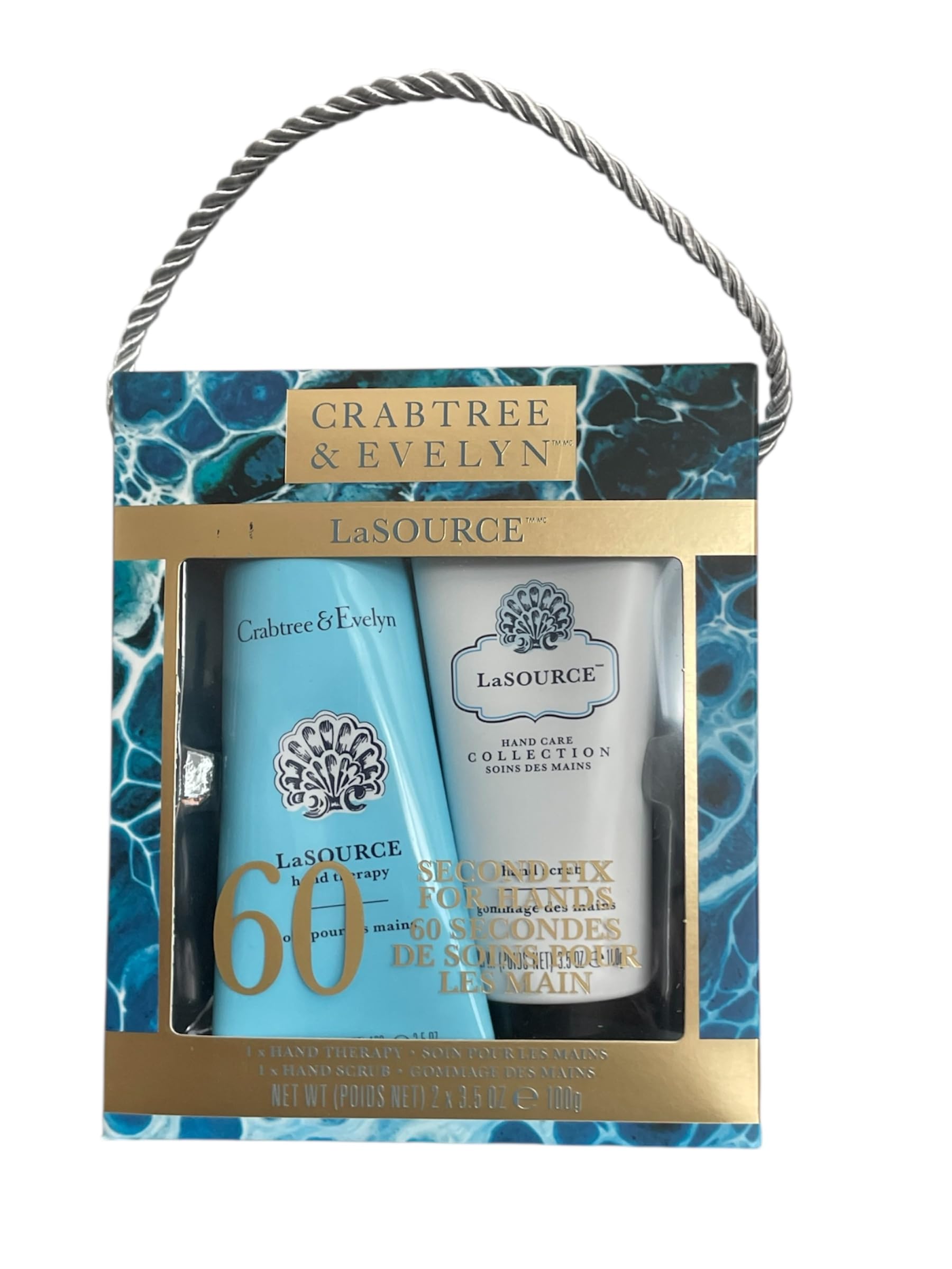 Crabtree & Evelyn La Source 60-Second Hand Therapy pack showing quick hydration action