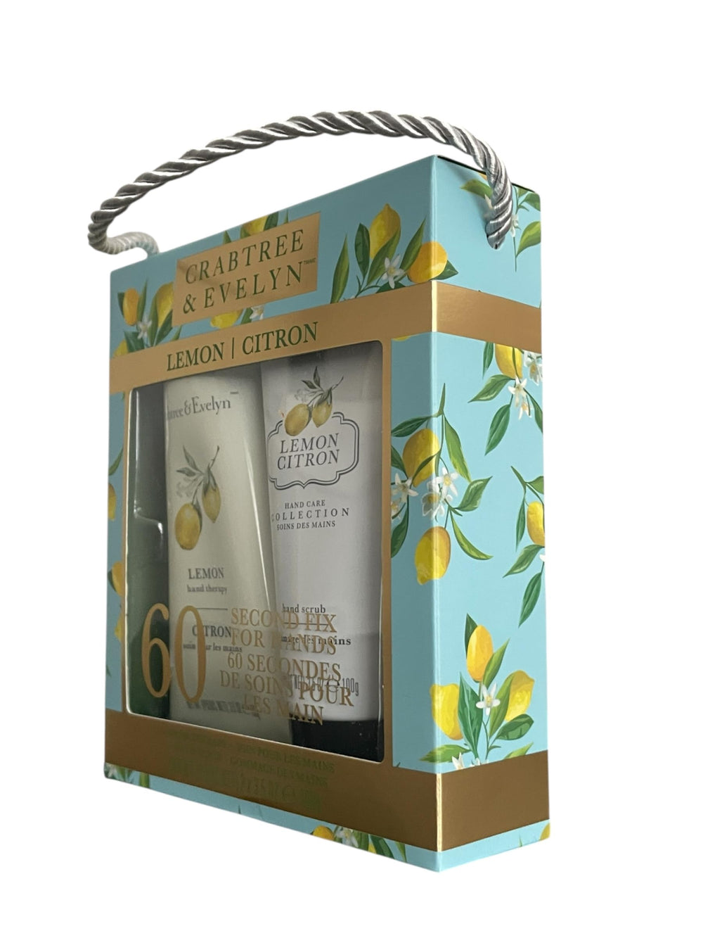 Crabtree & Evelyn Lemon Citron packaging displayed on a vanity
