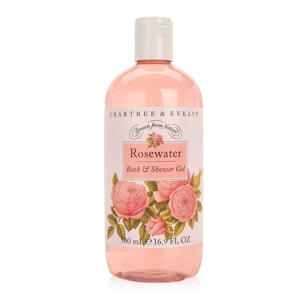 Crabtree & Evelyn Rosewater bath gel bottle for gentle cleansing and spa-like fragrance.