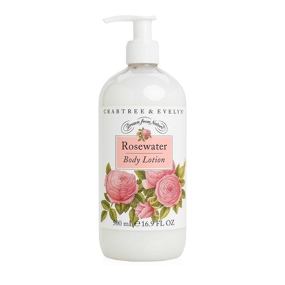 Crabtree & Evelyn Rosewater Body Lotion bottle close-up, moisture-rich formula for daily use.