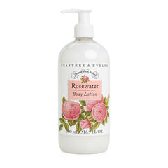 Crabtree & Evelyn Rosewater Body Lotion bottle close-up, moisture-rich formula for daily use.