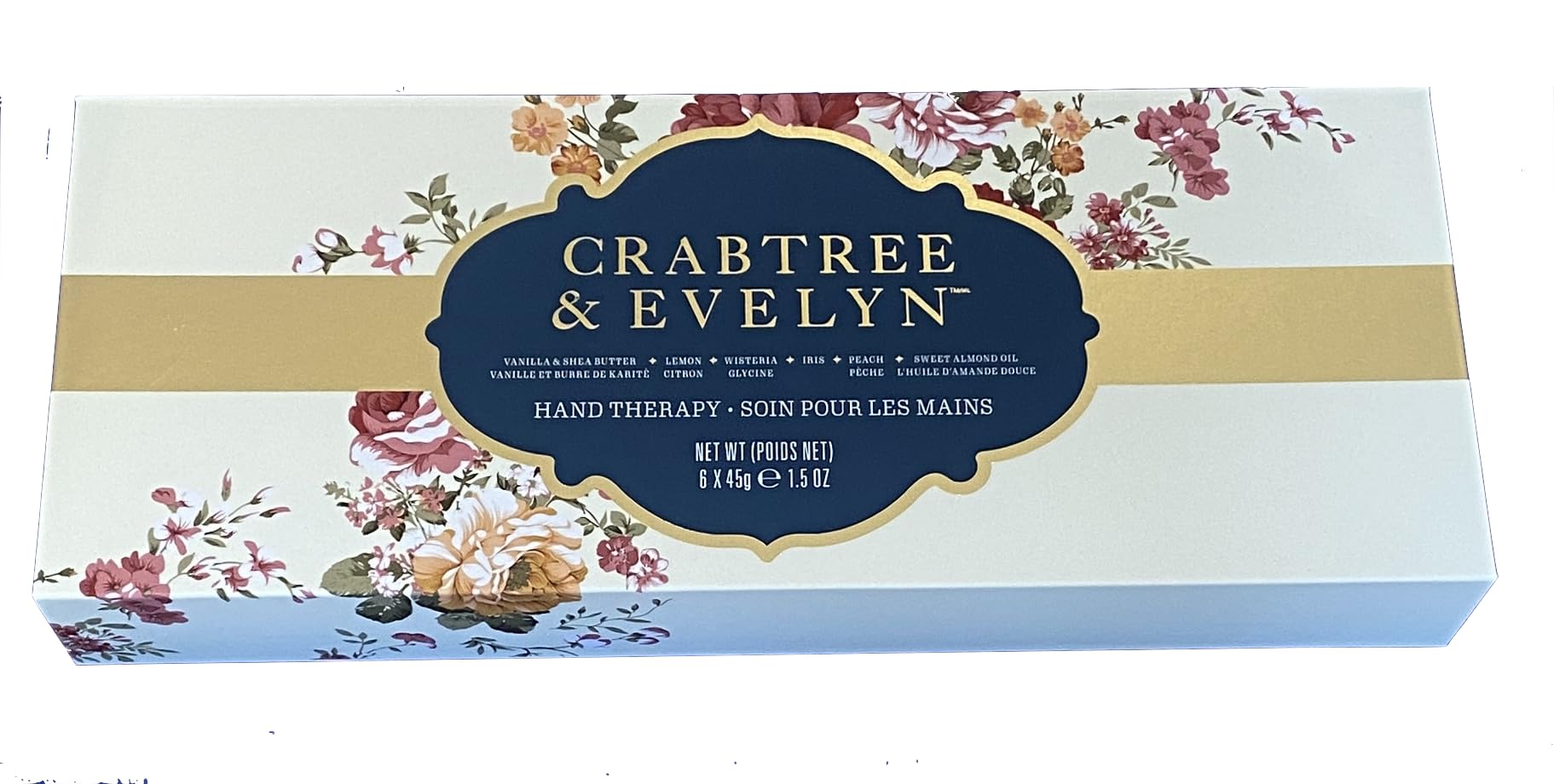 Crabtree & Evelyn Signature Hand Therapy creams arranged, showcasing the six fragrance options.