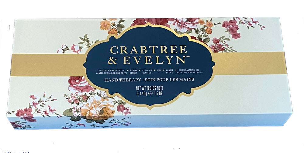 Crabtree & Evelyn Signature Hand Therapy creams arranged, showcasing the six fragrance options.