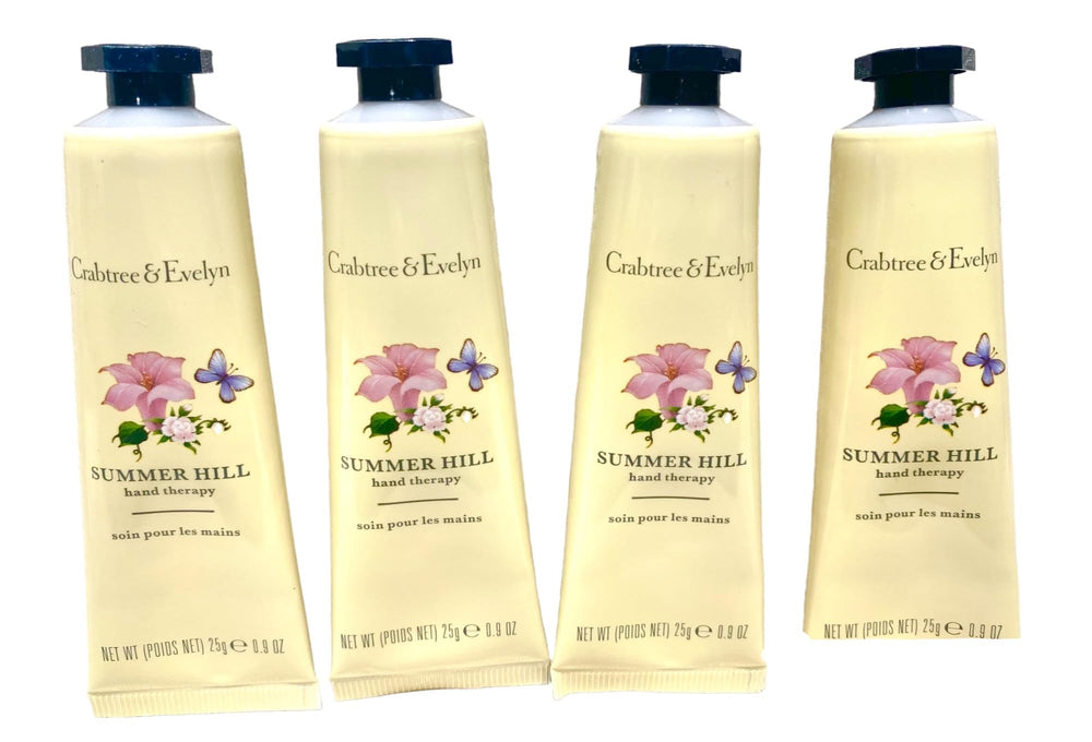 Crabtree & Evelyn Summer Hill hand therapy tubes, close-up, highlighting hydrating formula.