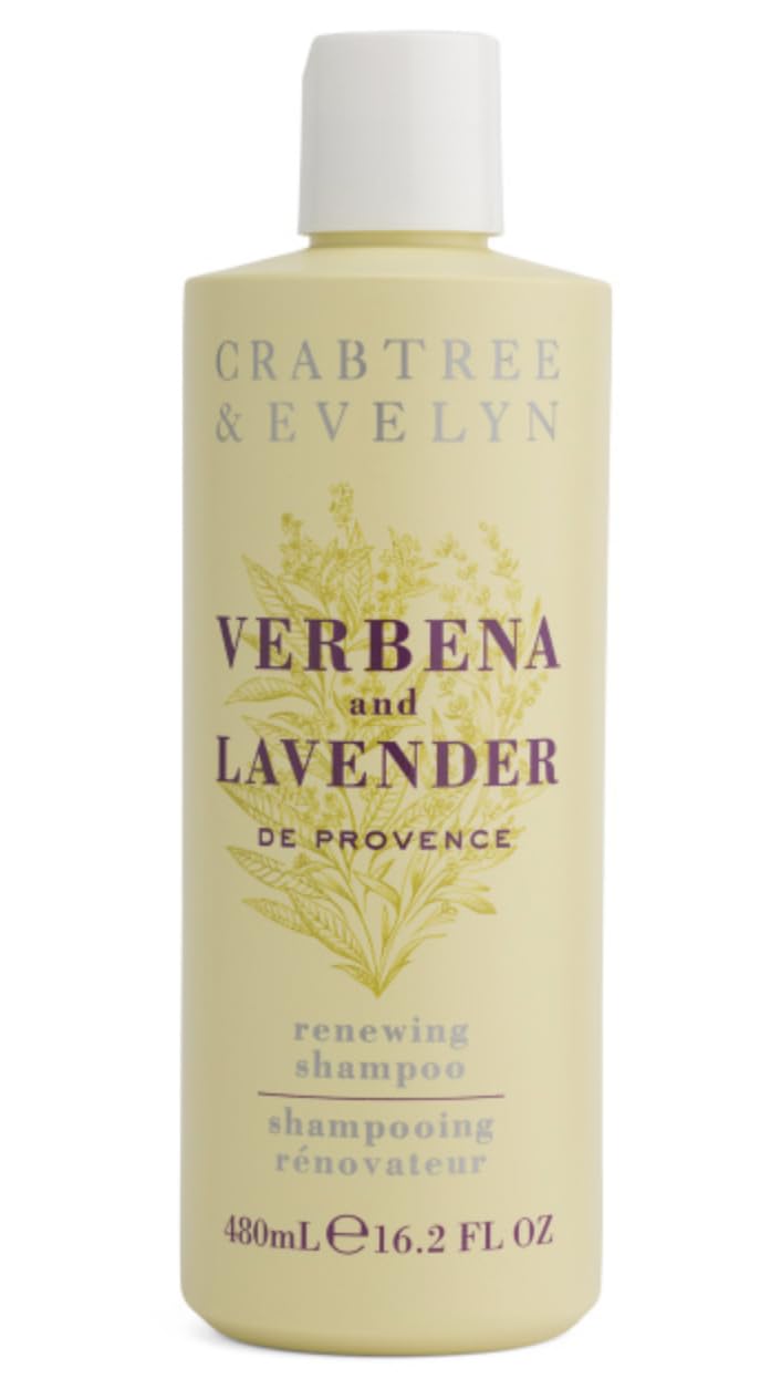 Crabtree & Evelyn Verbena & Lavender Renewing Shampoo bottle for a calming scent and refreshed scalp.