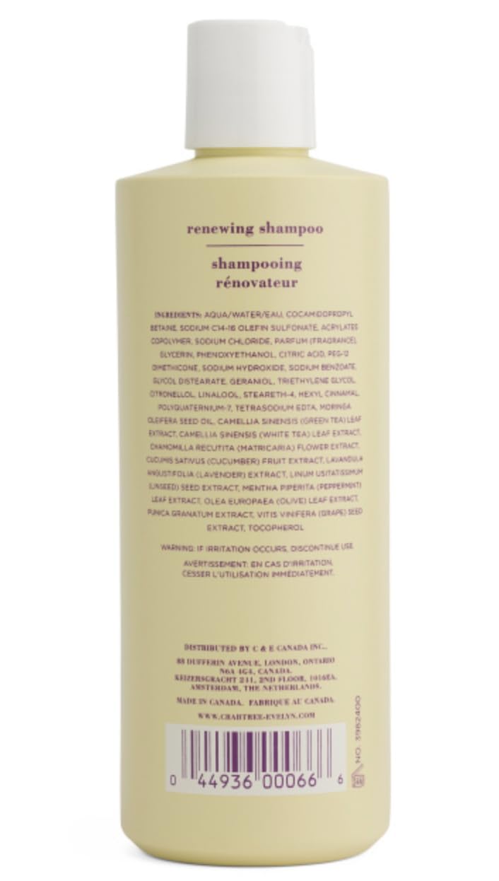 Close-up of Crabtree & Evelyn Verbena & Lavender Renewing Shampoo ingredients for nourishing hair.