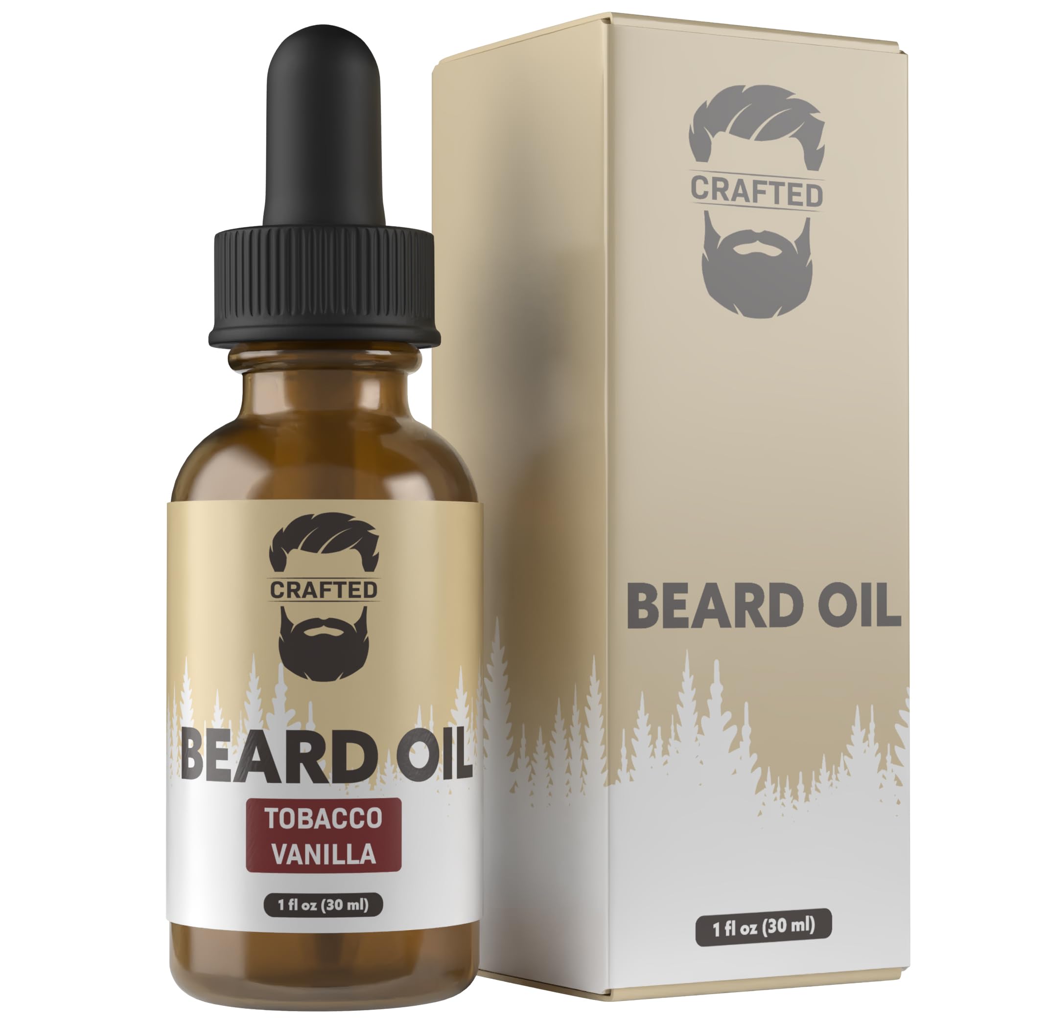 Crafted Beards beard oil bottle shows smooth texture and nourishing formula.